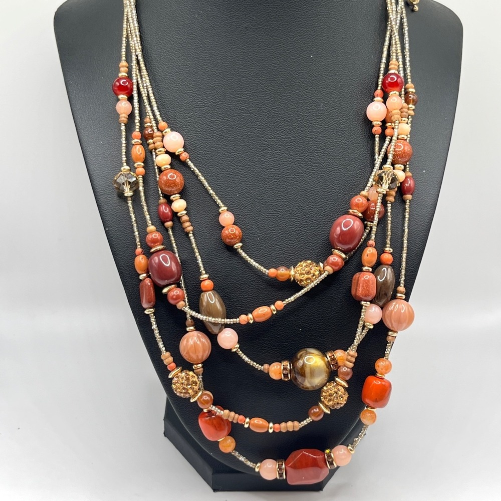 Chico's Multi Strand Warm Orange Red Pink Mixed Materials Boho Necklace 20"